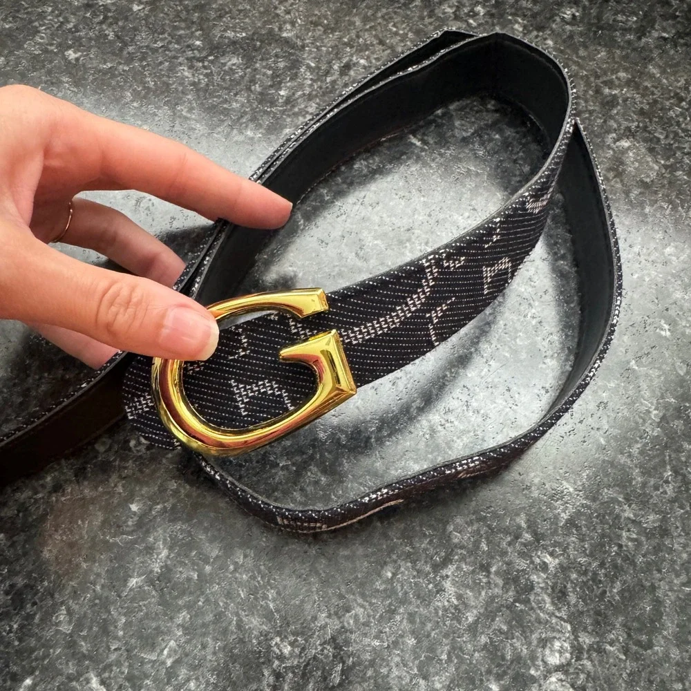 Guess Monogram Denim Belt Navy White Gold G Logo Buckle Womens Accessory